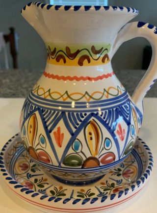 Ceramica De La Cal - Hand Painted Ceramic Pitcher With Saucer From Toledo,  Spain