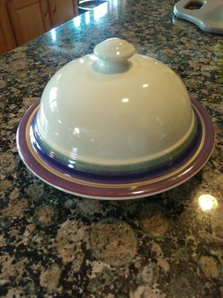 Vintage Pfaltzgraff Stoneware Butter Dish With Lid Cream W/ Purple Green.