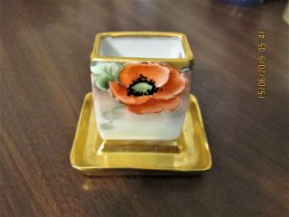 German Porcelain Match Holder Orange Poppies With Heavy Gold On Edge & Tray