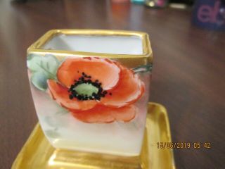 GERMAN PORCELAIN MATCH HOLDER ORANGE POPPIES WITH HEAVY GOLD ON EDGE & TRAY 2