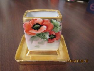 GERMAN PORCELAIN MATCH HOLDER ORANGE POPPIES WITH HEAVY GOLD ON EDGE & TRAY 4