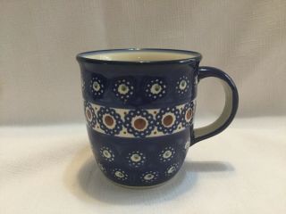 Boleslawiec Hand - Made Poland - Ceramic Mug - Blue W/brown And Beige - Euc