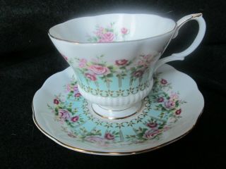 Royal Albert Teacup And Saucer Hyde Park Series With Pink Roses/blue Band