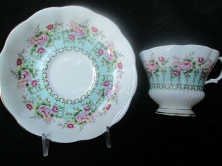 Royal Albert Teacup and Saucer Hyde Park Series with Pink Roses/Blue Band 2