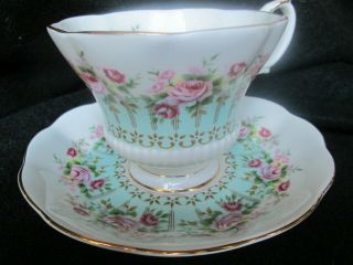 Royal Albert Teacup and Saucer Hyde Park Series with Pink Roses/Blue Band 3