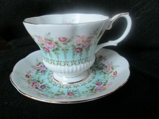 Royal Albert Teacup and Saucer Hyde Park Series with Pink Roses/Blue Band 4