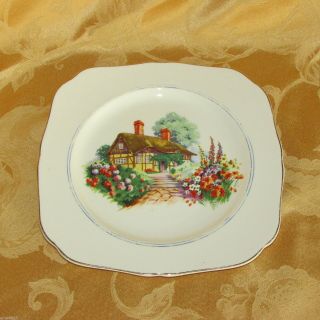 H & K Tunstall A Bit Of Old England Square Plate 1729 Cottage Blue Trim 1930 