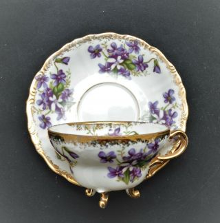 Vintage Footed Cup And Saucer Set Purple Flowers Violets Gold Gilt