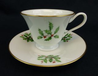 Oxford Lenox Special Cup And Saucer Footed Red Berries Holly Holiday Gold Usa