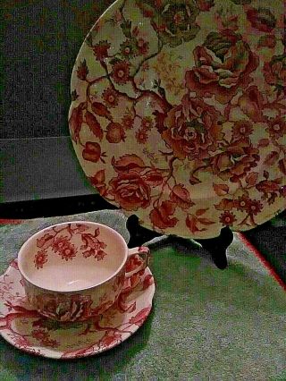English Chippendale Johnson Brothers England Red Saucer,  Cup & Plate Set Of 3