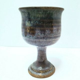4.  5 " Tall Handmade Pottery Small Goblet Cup Blue Brown Signed