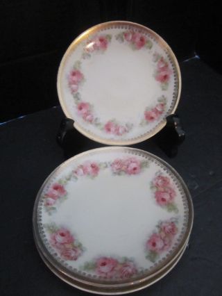 Three Crown China Germany.  Set Of 3 Vintage.  6 " Plate Pink Roses,  Gold Rim