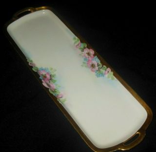 R S Germany Hand Painted Long Dessert Tray Pink Roses Blue Forget Me Knots 1920
