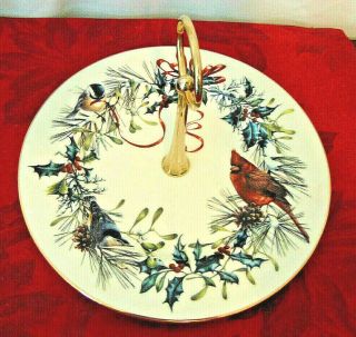 Lenox Winter Greetings Birds Tidbit Serving Plate Tray 1 - Tier 8 " Rimmed In Gold