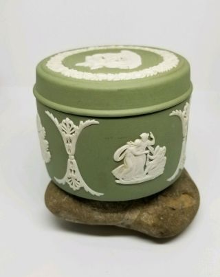Wedgwood Jasperware Sage Green Dresser Jar Vanity Ware Jewelry Trinket Box Glass
