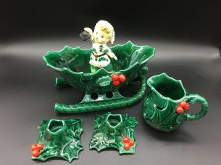 4 Pc Vintage Lefton Green Holly Berry Christmas Sleigh Candle Holders Creamer