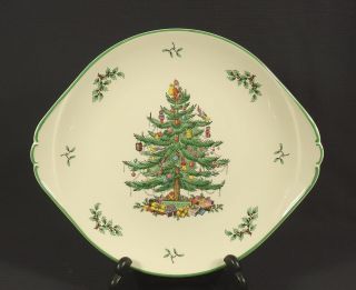 Vtg Spode Christmas Tree 2 Handled Cake Plate - England - Green Trim
