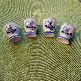 4 Delft Blue Egg Cups Holland Windmill Flowers Hand Painted Number Designs Vtg