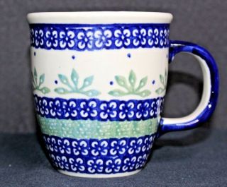 Boleslawiec Polish Pottery Mug Cobalt Blue With Green Fan Shape Leaves
