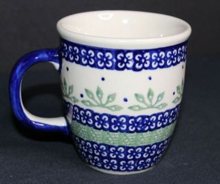 Boleslawiec Polish Pottery Mug Cobalt Blue with Green Fan shape leaves 4