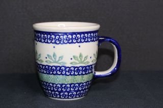 Boleslawiec Polish Pottery Mug Cobalt Blue with Green Fan shape leaves 5