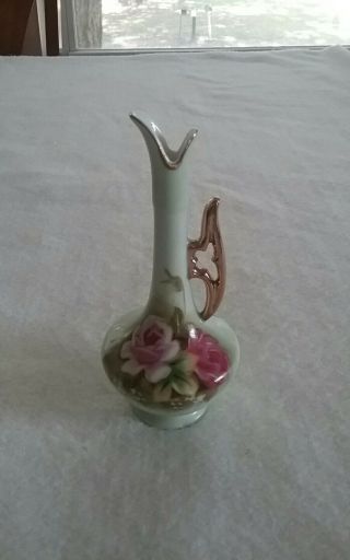 Lefton Green Heritage Handled Bud Vase Pitcher Roses 5 1/2” Dainty