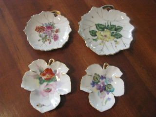 Vintage Set Of 4 Ceramic Leaf W/floral Decoration Ring/trinket Dishes Japan