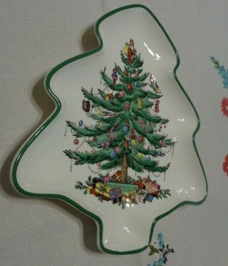 Spode Christmas Tree Shaped Platter Dish S3324 England Green Rim