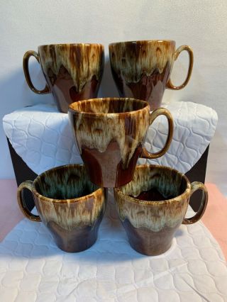 5 Vintage Hull Usa Brown Drip Glaze Tapered Coffee Mug Cup Large Handle 3.  5 "