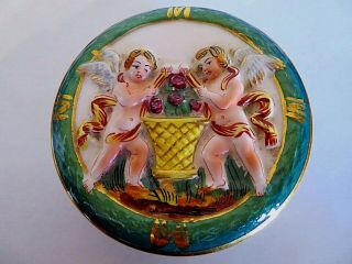 Vintage Italian Capodimonte Porcelain Lidded Vanity Box Nude Cherubs W/ Flowers