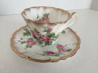 Gladstone Tea Cup,  Saucer Pink Roses Gold Gilt Bone China England Vintage