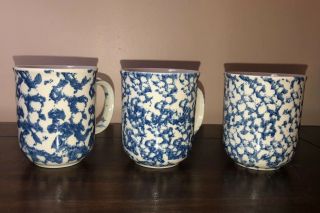 Folk Craft Tienshan Blue Sponge And White Stoneware Coffee Mugs Set Of 3