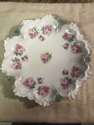 M.  Z Austria Hand Painted Plate Gold Trim Plate Pink Roses Green
