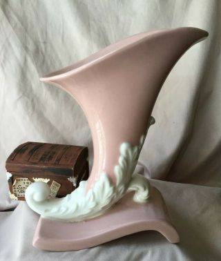Vintage Art Deco 1940’s Pink CORNUCOPIA FOOTED 7in VASE Horn Of Plenty 3