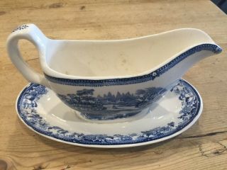 Antique " Blue Willow " Style Royal Staffordshire Tonquin Gravy Boat Transferware