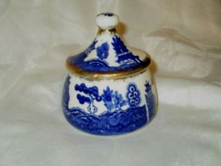 Antique Flow Blue Willow Sugar Bowl With Lid Gold Luster