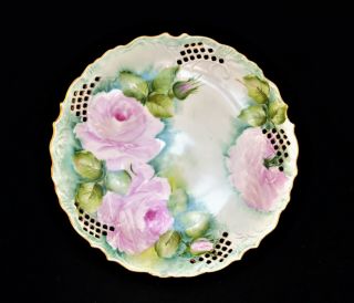 Vintage Hand Painted Reticulated Plate Roses Signed By Artist