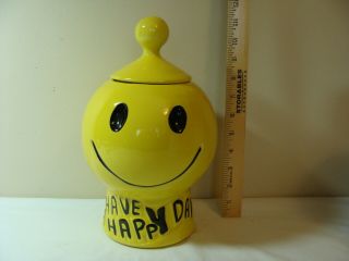 Vtg Mccoy Art Pottery Have A Happy Day Yellow Smiley Face Cookie Jar 235