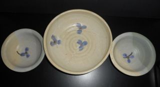 Set 3 Vintage Follette Pottery Bowls Large Small Handcrafted Signed Flower Blue