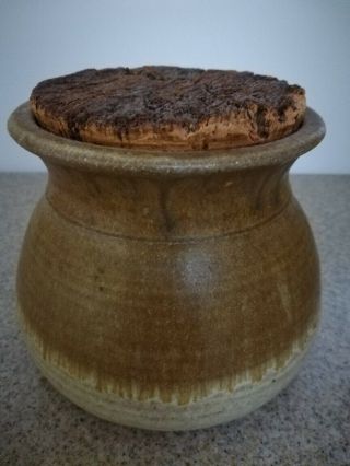 Hand Made Pottery Jar With Cork Lid,  Shades Of Rust And Brown,  5 - 1/2 " W X 5 " H