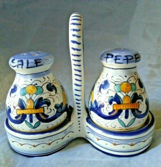Deruta Salt & Pepper Set W/caddy Hand Painted Pottery Blue/gold Italy