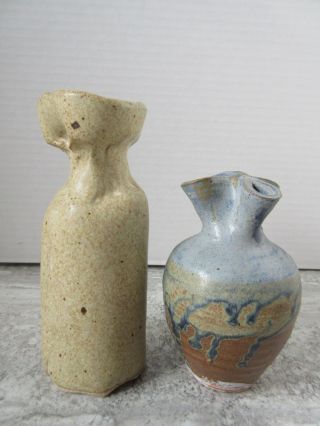 2 Old Vintage Studio Art Pottery Vase Pinched Necks Signed Blue & Tan