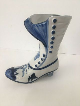 Vintage Porcelain Blue & White Delft Blue Button Boot With Heel Signed