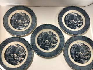 Vintage Currier & Ives Blue Old Grist Mill Royal China 10 " Dinner Plates -