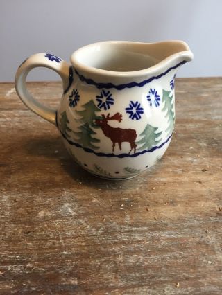 Boleslawiec Polish Pottery Christmas Small Creamer Pitcher Ceramic Moose Trees