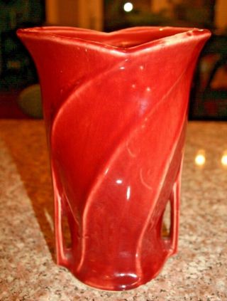 Vintage Mccoy Pottery 8 " Maroon Double Handled Vase With A Swirl Pattern