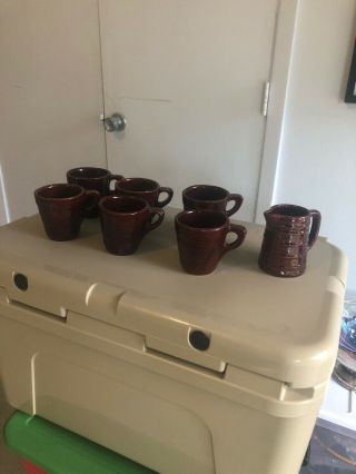 Vintage Marcrest Oven Proof Stoneware,  Daisy Dots Pitcher And 6 Mugs