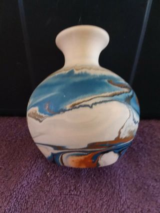 Nemadji Pottery Bud Vase Cream Orange Beige Blue Swirls Usa 4 1/2 " L@@k