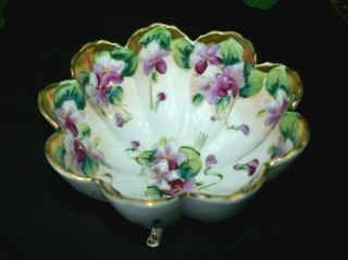 Gilt Gold Porcelain Bowl Violets Scalloped Edge Gold Trim 3 - Footed Dotted Feet