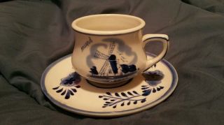 Delft Blue Handpainted Tea Cup Saucer Windmill Floral 015022 Holland